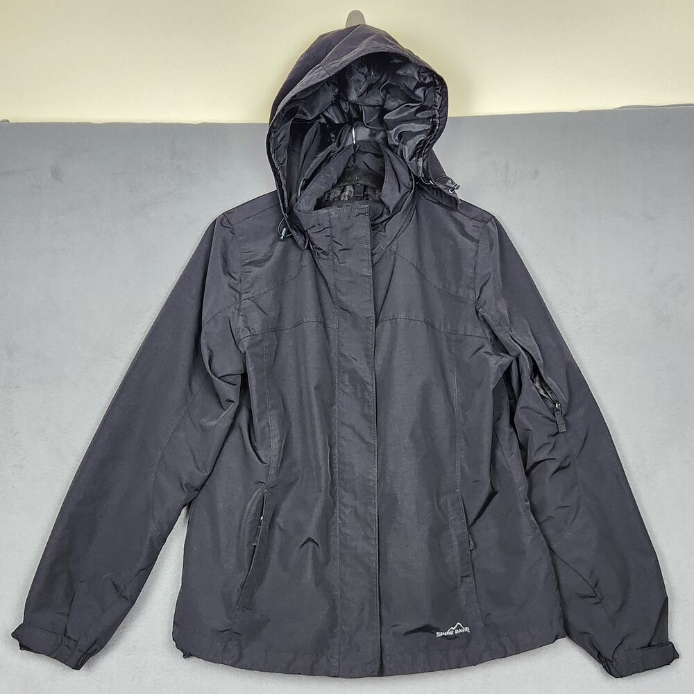 EDDIE BAUER Windbreaker Jacket Womens Large Black Ful Zip Removable Hood Lined